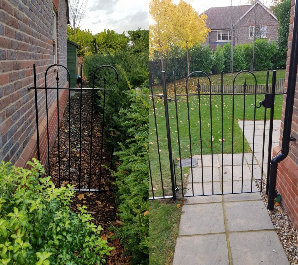 Bespoke made metal garden railings and gate.